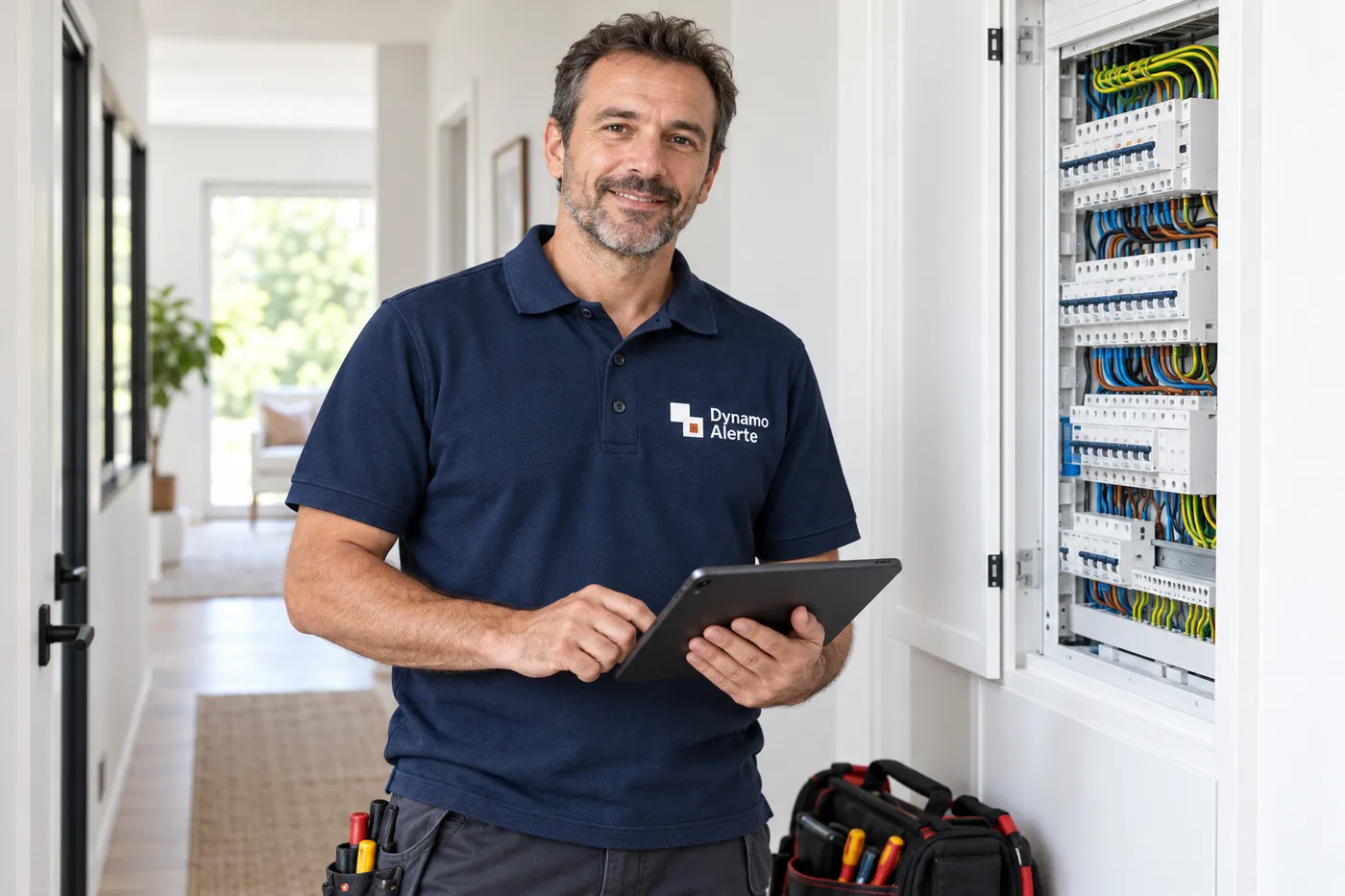 Électricien Dynamo Alerte en polo marine, tablette en main, devant un tableau électrique neuf câblé avec soin