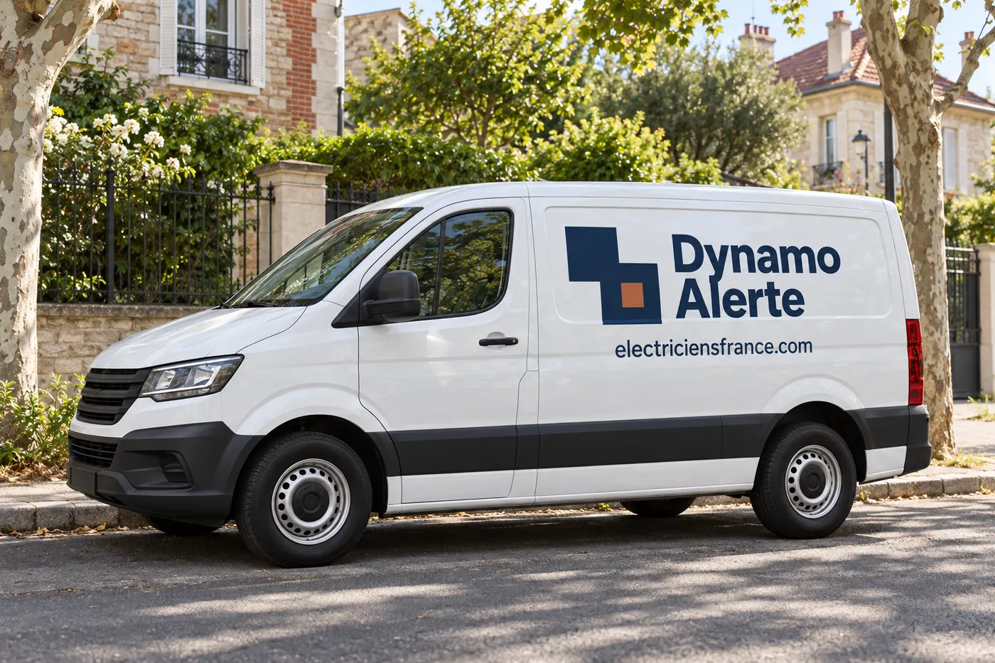 Utilitaire blanc Dynamo Alerte siglé electriciensfrance.com garé dans une rue résidentielle d'Île-de-France
